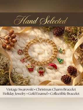 Swarovski Vintage Christmas Charm Bracelet Gold Enamel Crystal Signed Swan